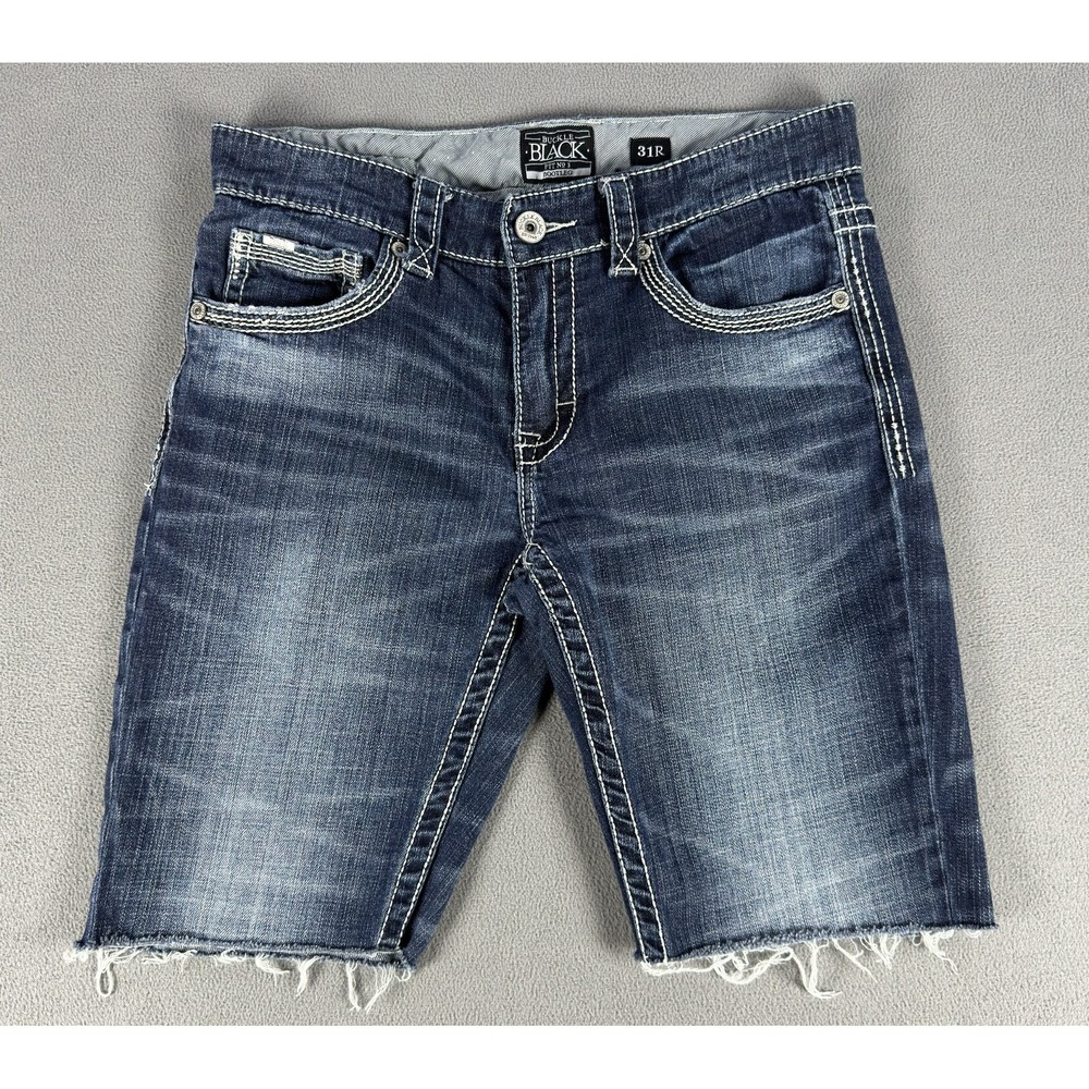 Buckle Black Jean Shorts Mens 31 Blue Cut Off Jorts Thick Sitck Embroidered Y2K